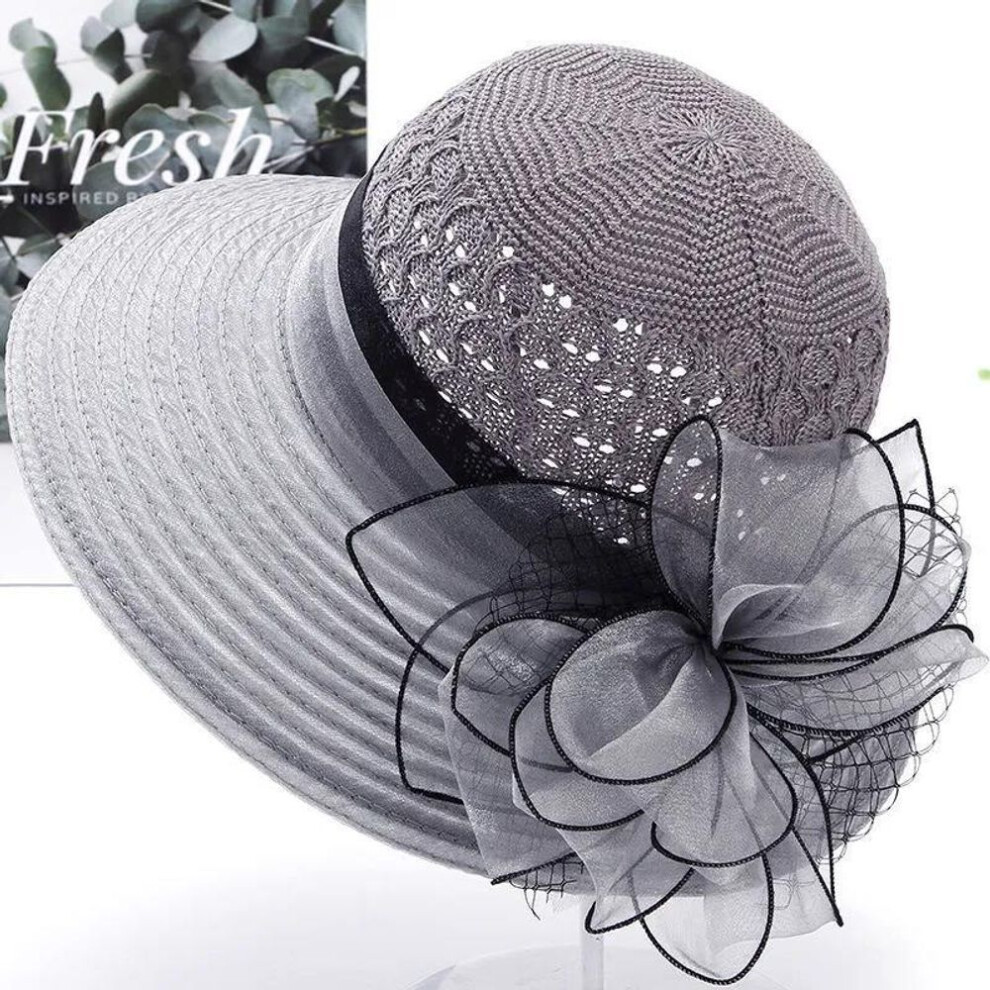 (grey, one size) Hat Wide Brim Organza Flowers Beach Hats For Women Elegant Personality Spring And Summer Sunhat