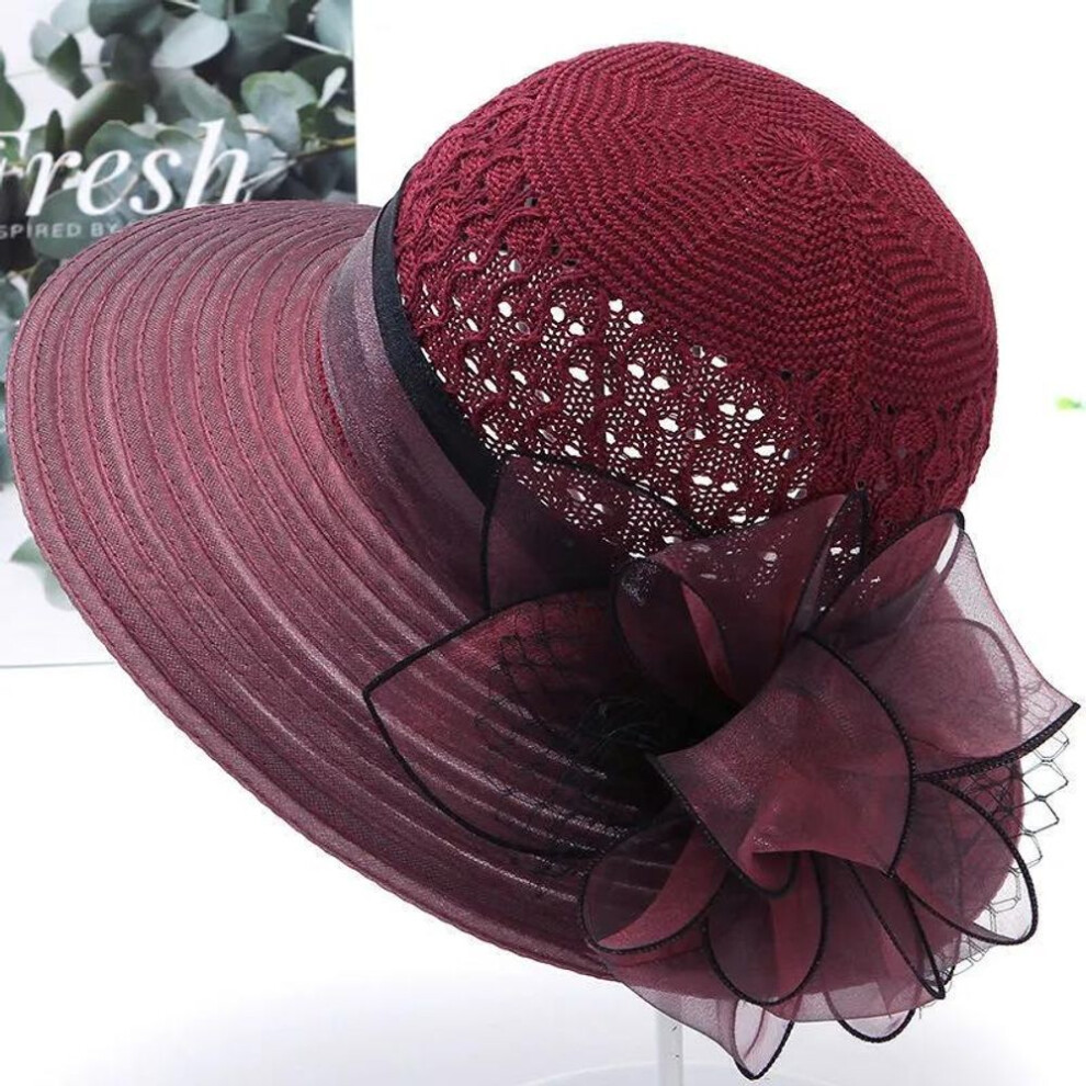 (wine red, one size) Hat Wide Brim Organza Flowers Beach Hats For Women Elegant Personality Spring And Summer Sunhat