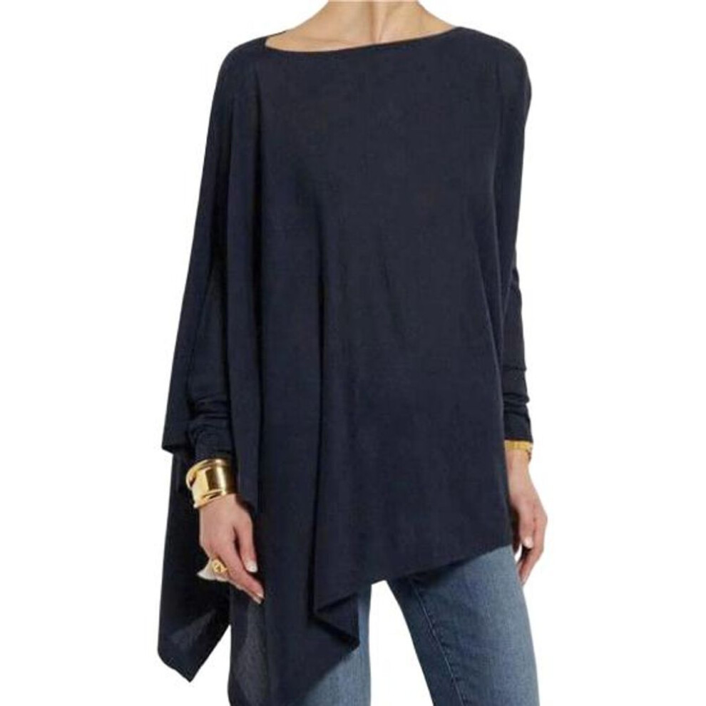 (navy blue, 5XL) O-Neck Long Sleeves Solid Color T-shirt Women Casual Irregular Hem Mid-length Pullover