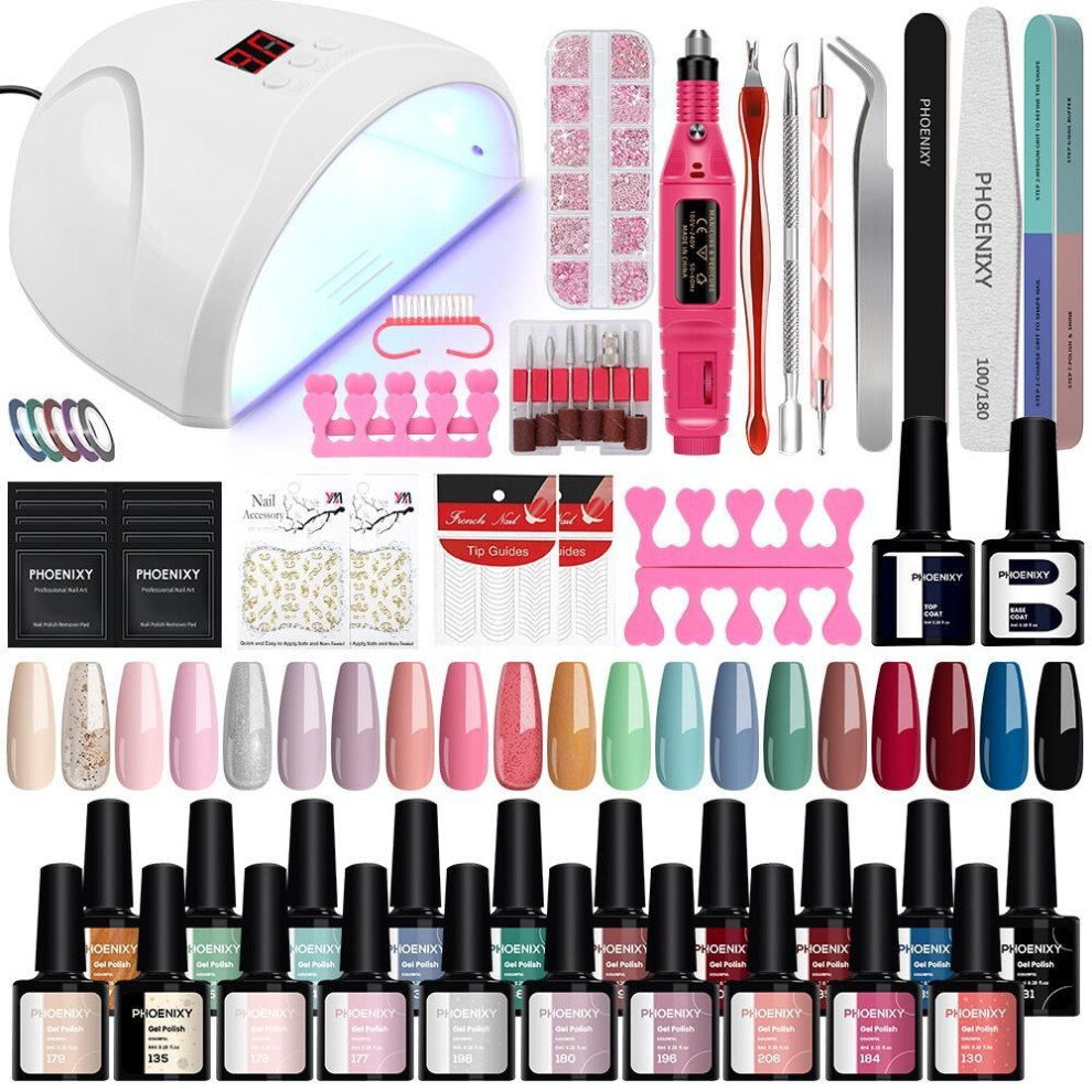 (SET2) Phoenixy 20 Colors Nail Set 36w Lamp Nail Dryer Nail Drill Machine Soak Off Manicure Set Gel Nail Polish Set Base Top Coat Gel Varnish Starter Kit