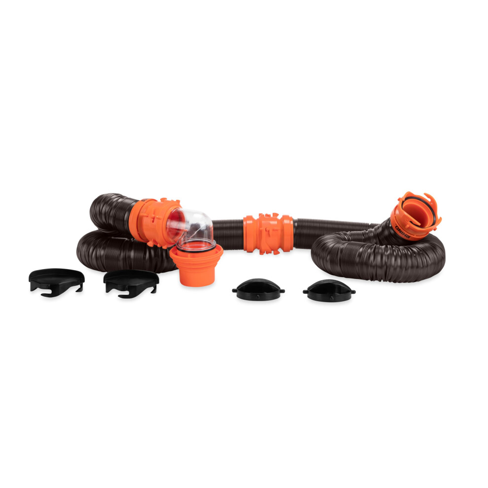 Camco Rhinoflex 20Ft Rv Sewer Hose Kit Includes Swivel Fittings And Translucent Elbow With 4-In-1 Dump Station Fitting Storage Caps Includ 014717397414