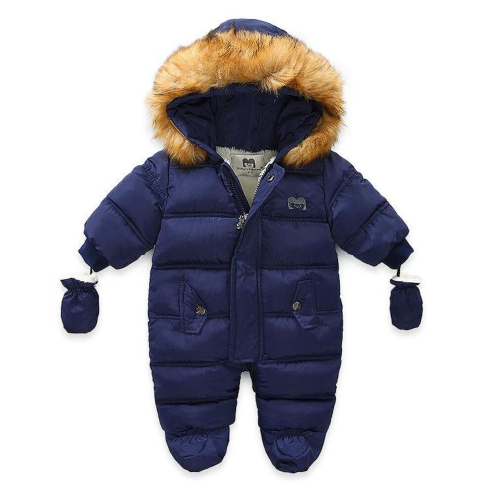 (navy blue, 80CM) Thick Warm Infant Baby Jumpsuit Hooded Inside Fleece Boy Girl Winter Autumn Overalls Children Outerwear Kids Snowsuit