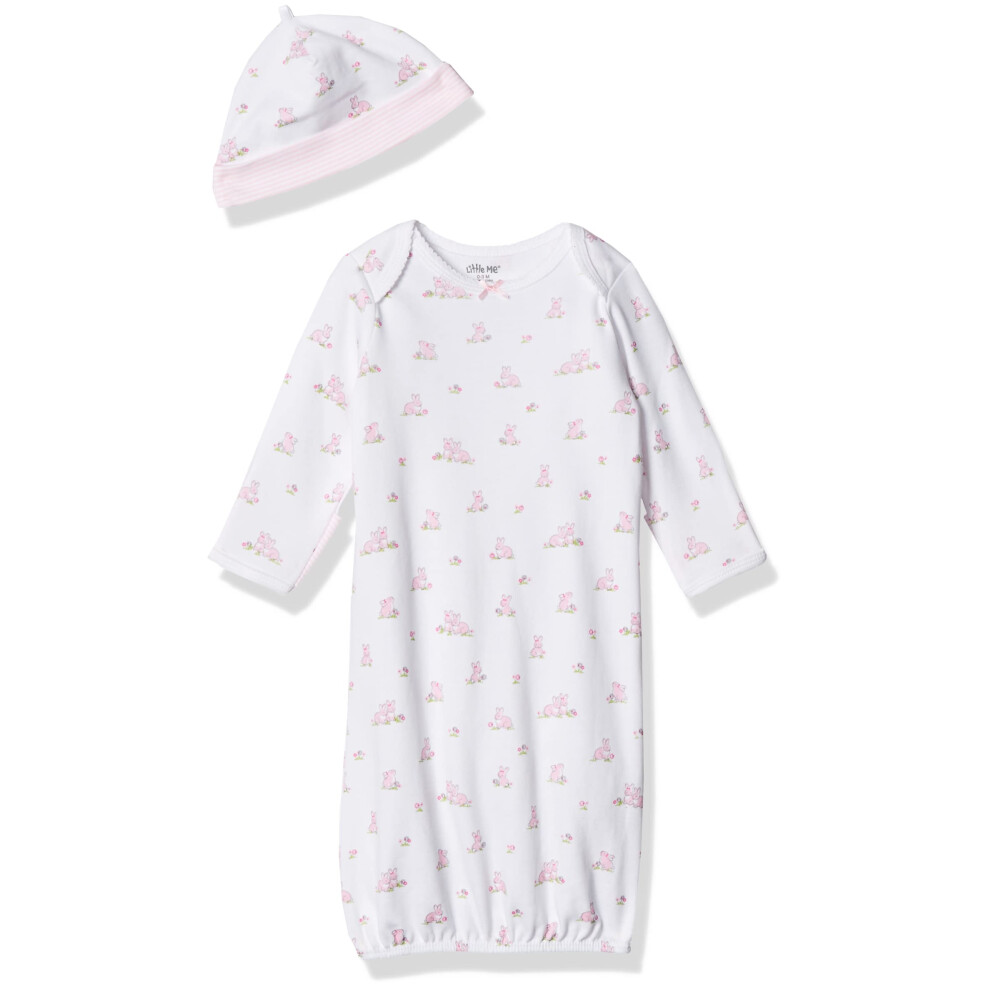 Ensemble chemise de nuit et bonnet 2 pièces pour bébé fille Little Me, imprimé blanc/lapin, 0-3 mois