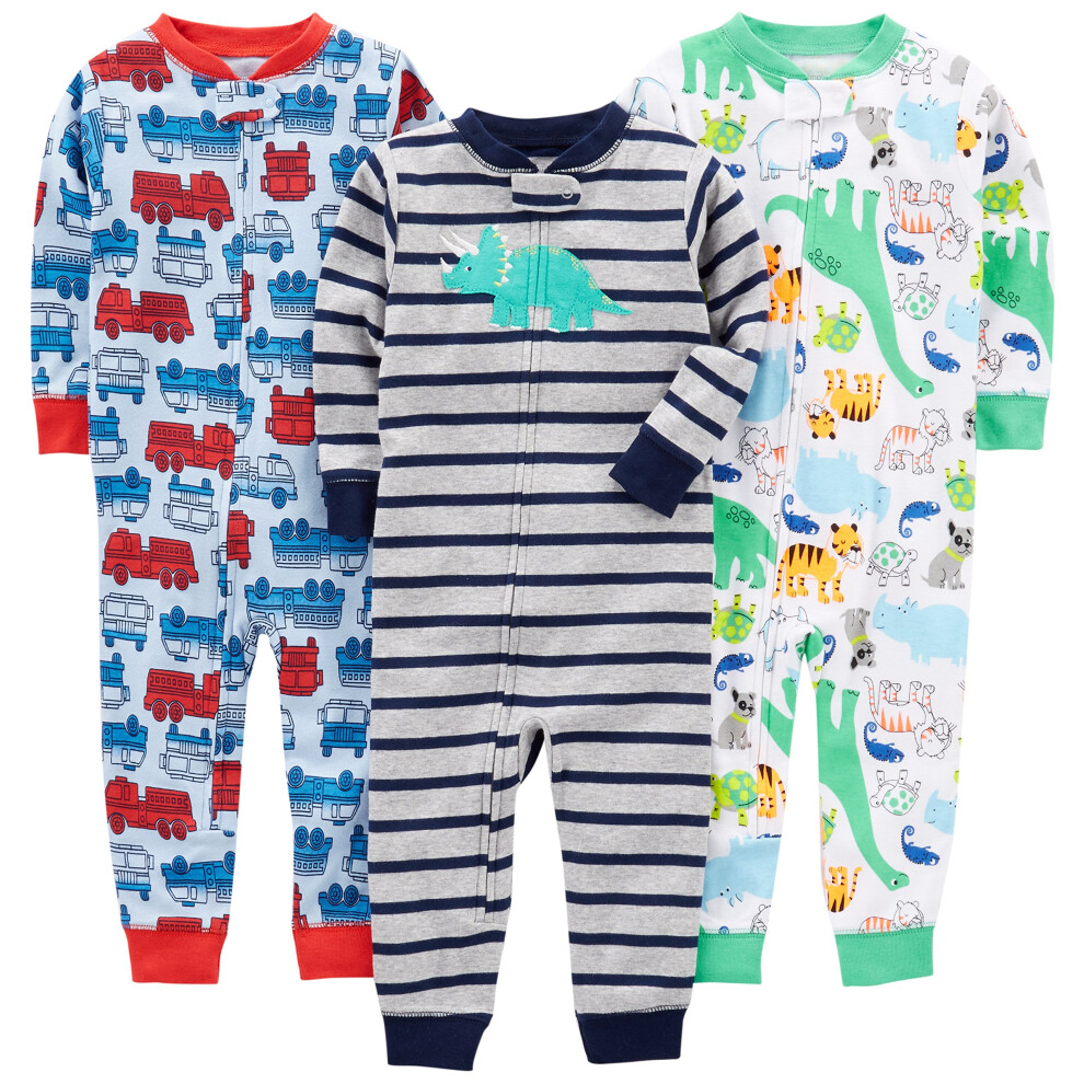 Simple Joys By Carter's - Pigiama Aderente Senza Piedini In Cotone Per Neonati, Confezione Da 3, Colore: Blu Camion Dei Pompieri/Grigio A Righe/B-image