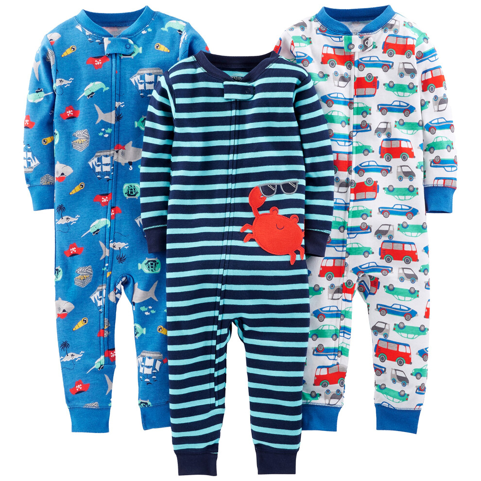 Pyjama En Coton Sans Pieds Ajusté Simple Joys By Carter's Pour BéBé GarçOn, Lot De 3, Motif Vie Marine Bleu/Rayures Bleu Marine/Voitures Blanches-image