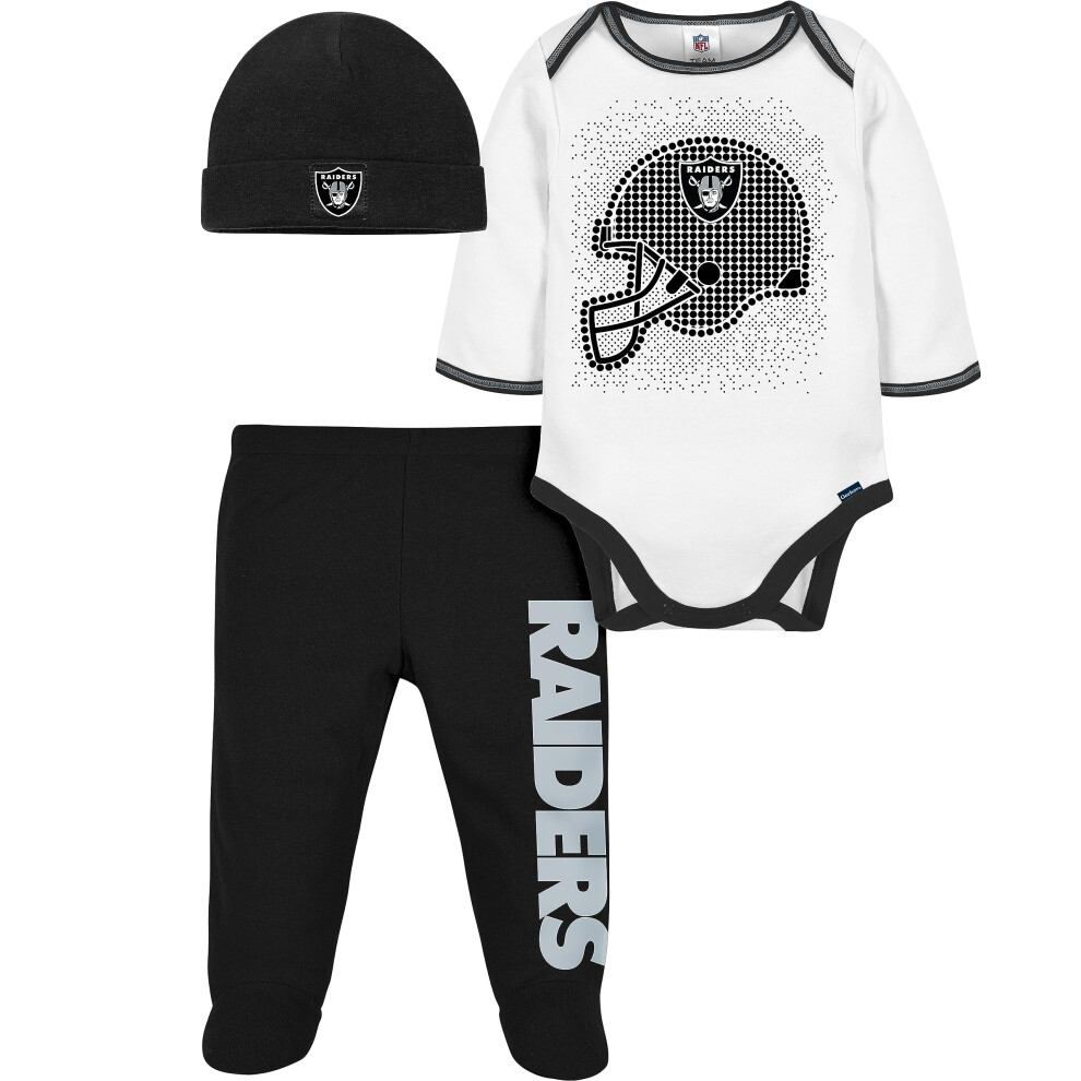 Gerber NFL Oakland Raiders 3 Pack Bodysuit Footed Pant and Cap Registry Gift Set for Unisex Babies  Black/White Oakland Raiders  0-3 Months