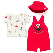Sesame Street Elmo Pojkar Franska Terry Kort Overall T-shirt och Hatt Set Röd/Vit 3T