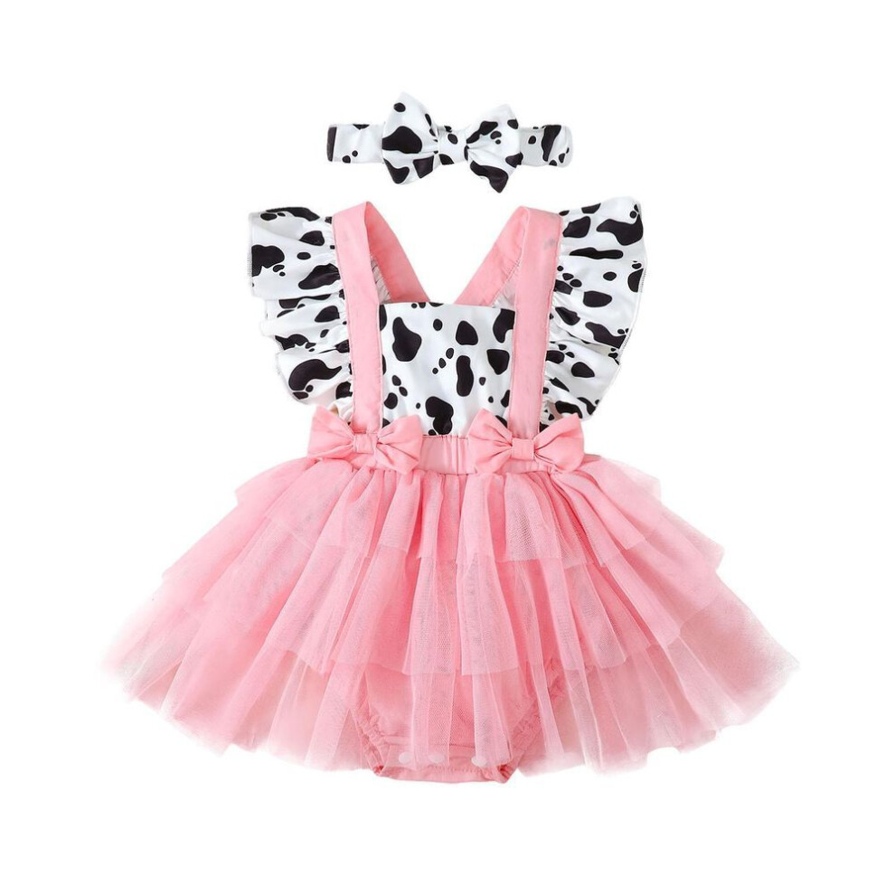 (pink, 6-12 Months) Baby Girls Summer Romper Dress 3 6 12 18 24 Months Flying Sleeve Cow Print Tulle Patchwork Romper With Headband