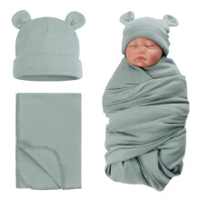 PESAAT Baby-Wickelmtze-Set, Brenohren, fr Jungen und Mdchen, Mtze fr Neugeborene, Empfangsdecke, Herbst und Winter (Graugrn (Mtze + Pucktuch)