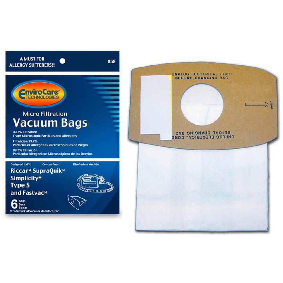 Envirocare Sacchetti Di Ricambio Per Aspirapolvere Con Micro Filtrazione, Realizzati Per Adattarsi A Riccar Supraquik E Simplicity Type S E Fastvac, Confezione Da 6-image