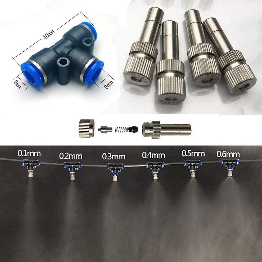 (Nozzles 0.4mm) 5pcs Fog Misting Nozzle With 6mm Tee Quick Connection Garden Water Irrigation