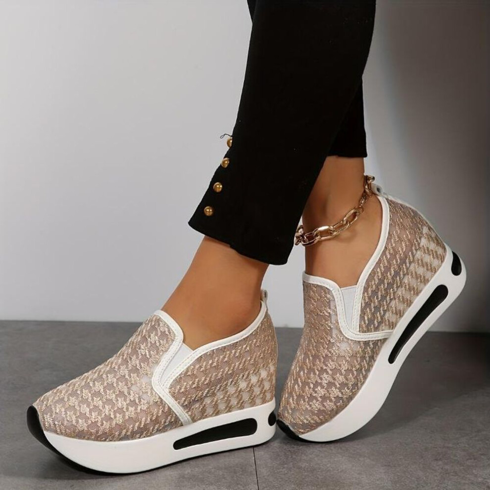 (ginger, 36) 36-44 Women&apos;s Floral Lace Platform Slip-on Shoes - Casual Height Increasing Low Top Sneakers