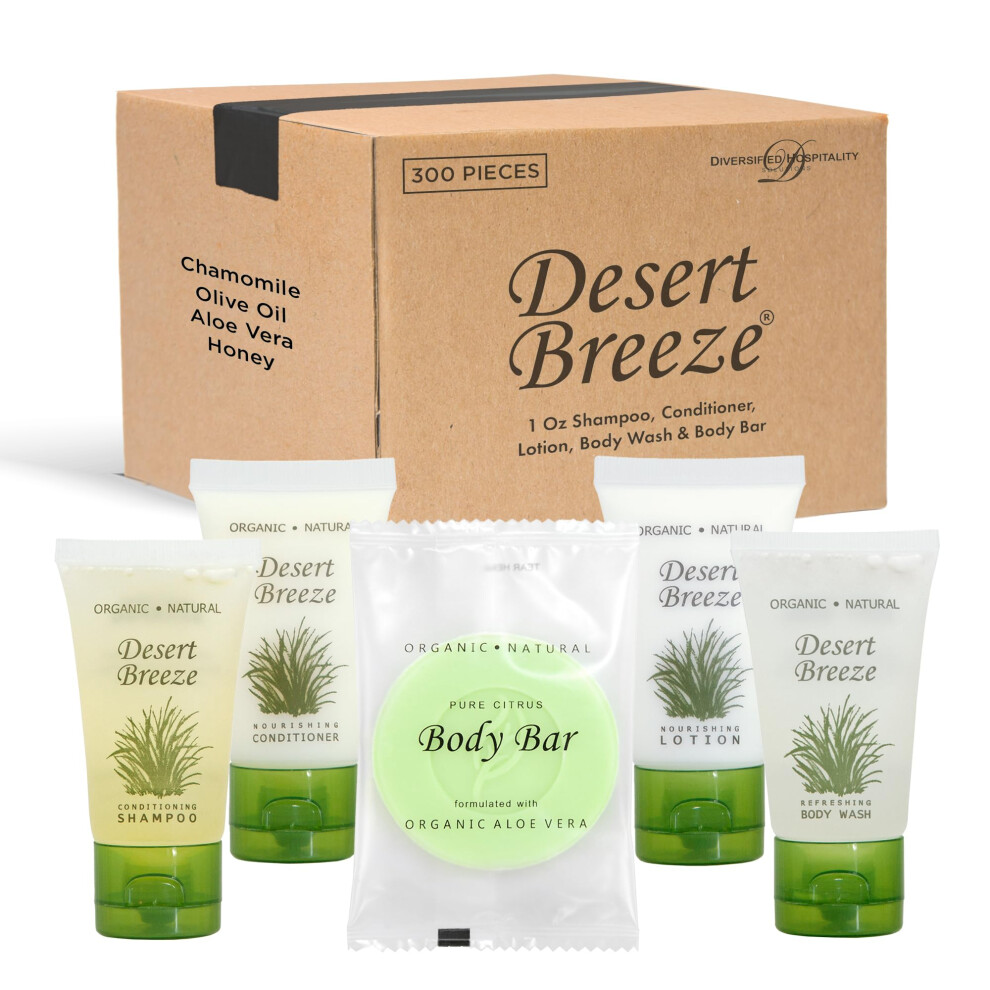 Desert Breeze Hotel Soaps and Toiletries Bulk Set | 1oz Hotel Shampoo & Conditioner  Body Wash  Body Lotion & Bar Soap | Travel Size Toiletr