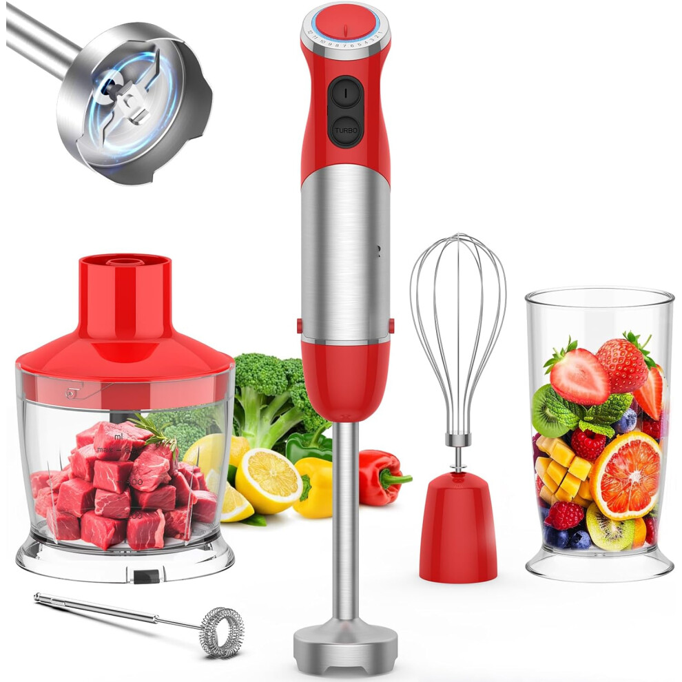 (Red) 5 in 1 Immersion Hand Blender Copper Motor Stainless Steel Stick Blender Kitchen