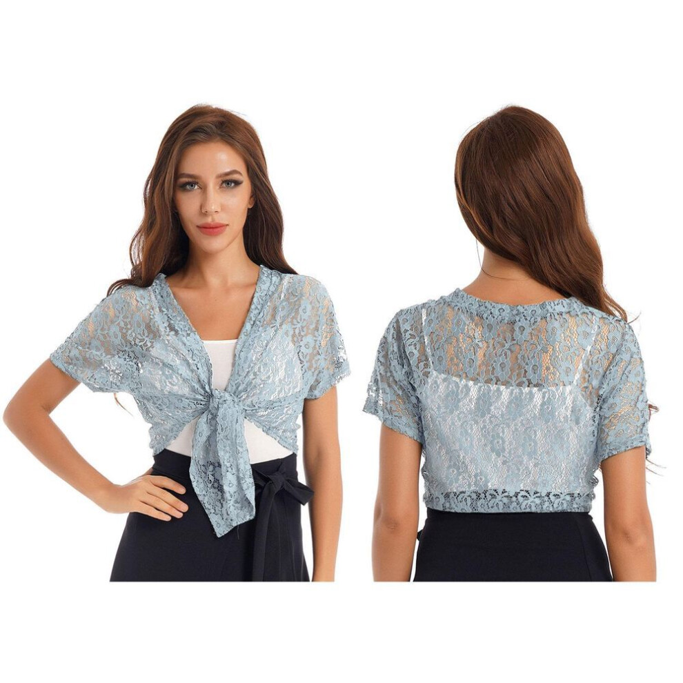 (One Size, grey) Ladies Hollow Out Lace Shawl Cardigan Bolero Jacket Lace-up Crop Top Cover Ups Open Front Outwear Casual