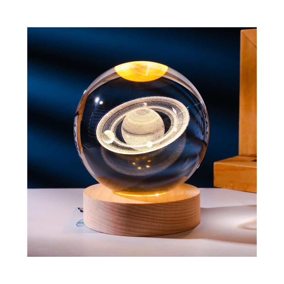 (Saturn) 3D Planet Crystal Ball Night Light, Space Galaxy Crystal Ball with Wooden Base,3D Engraved Solar System Crystal Ball with LED Light Base for