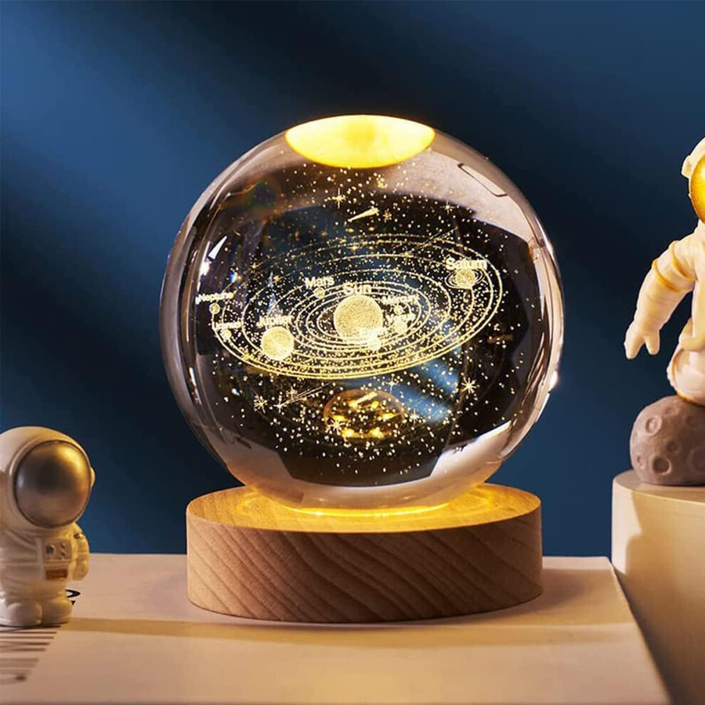 (Galaxy) 3D Planet Crystal Ball Night Light, Space Galaxy Crystal Ball with Wooden Base,3D Engraved Solar System Crystal Ball with LED Light Base for