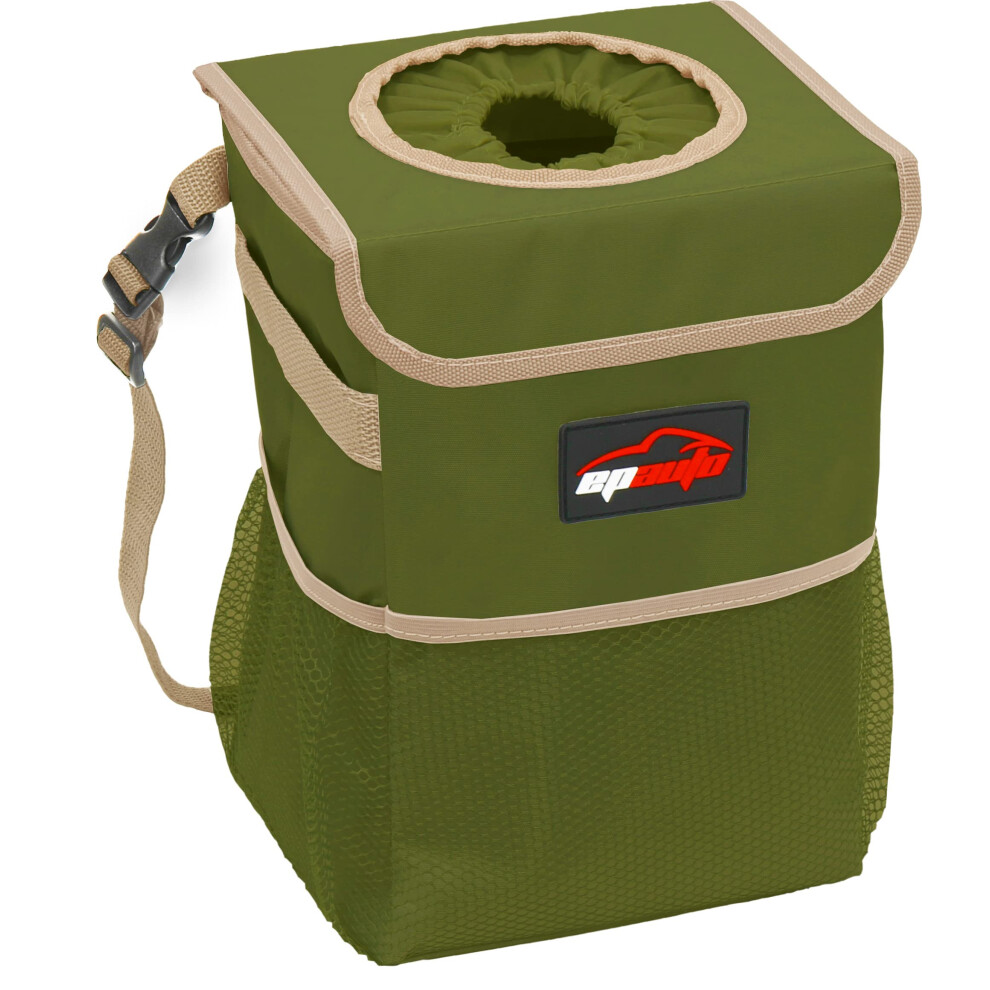 Epauto Waterproof Car Trash Can With Lid And Storage Pockets Green 811244035587