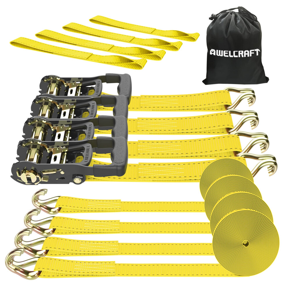 Awelcraft Ratchet Straps (4Pk) - 4500Lbs Breaking Strength 1.5''?15' Heavy Duty Tie Down Straps With Padded Handles Double J Hooks & Soft Loops For Mo 6951340640736