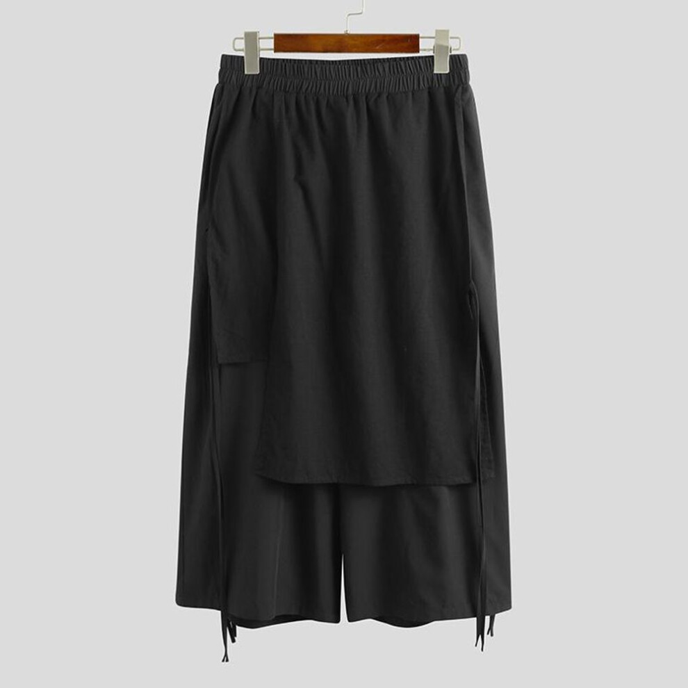 (black, M) Incerun Men Solid Color Casual Pants Joggers Elastic Waist Loose Irregular Skirt Trousers Men Streetwear Harajuku Cropped Wide Leg Pants