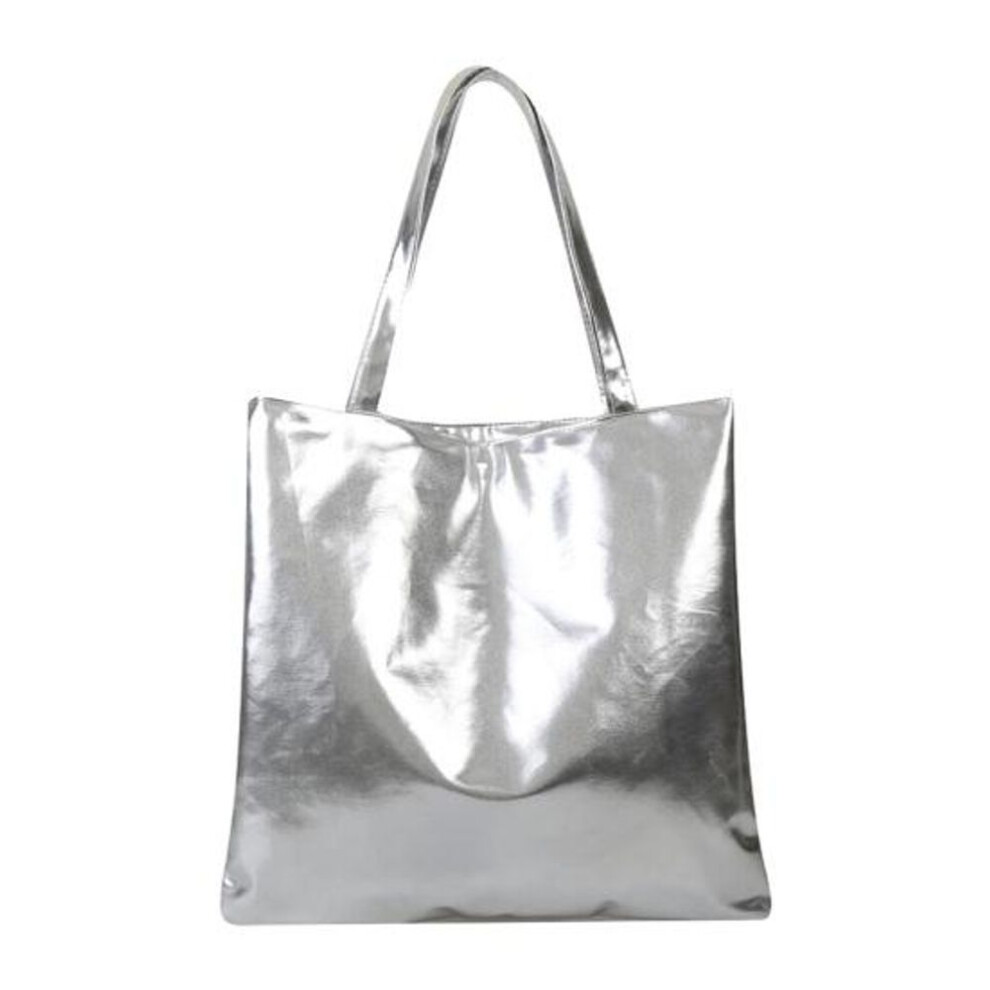 (silver) Woemn Shoulder Bag Smooth Glossy Surface Large Capacity Solid Color Zipper Closure Faux Leather Portable Lightweight Lady Student Handbag