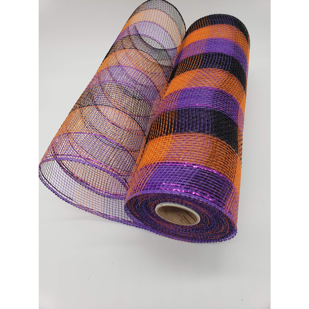 Ruban en maille polyester déco 10 pouces x 30 pieds - Petits carreaux orange violet noir : RE1330F2