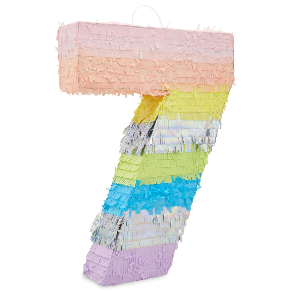 Grande Pinata numéro 7 BLUE PANDA pour décorations de fête d'anniversaire de fille 7e arc-en-ciel pastel (21 x 15 x 4 po)