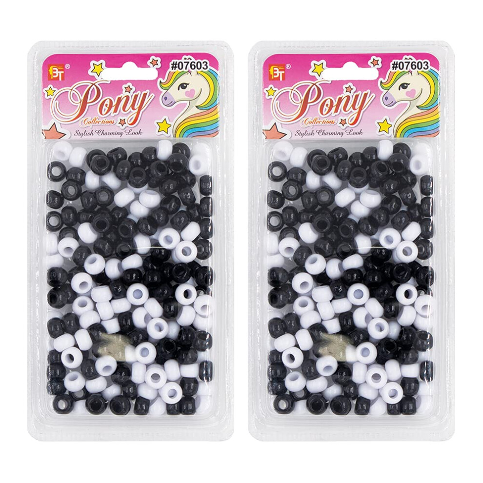 Kit De Fabrication De Bijoux En Perles, Tressage De Cheveux, Ornements De Bracelets, Artisanat, Petit Poney Rond + 2 Perles Incluses (Noir/Blanc - 360-image
