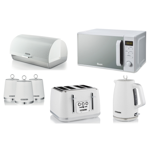 Swan Elegance White Kettle Toaster Microwave Breadbin & Canisters Set