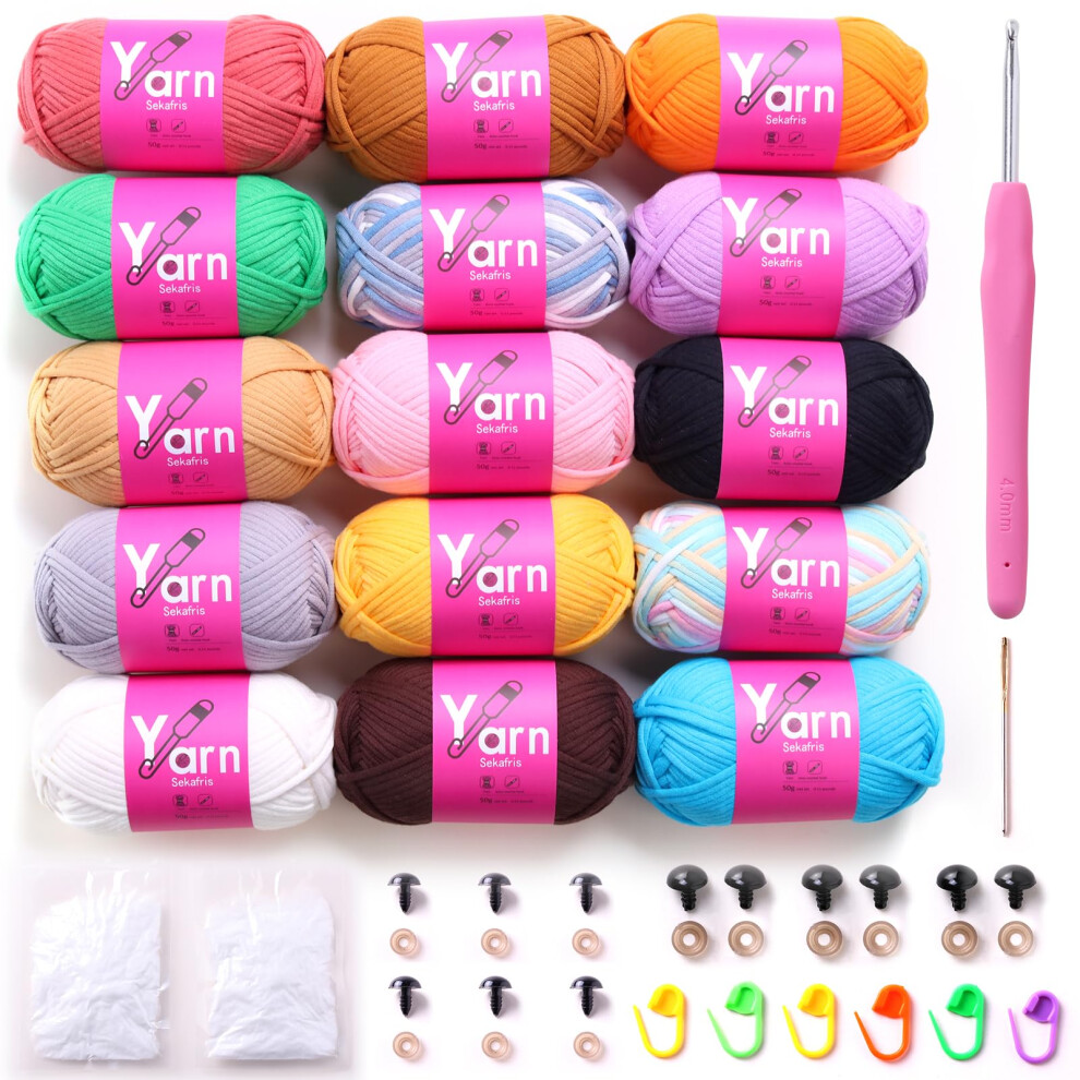 Sekafris 15 Confezioni Di Filati Per Uncinetto Per Principianti - Nero Bianco Arancione Rosso Verde-image