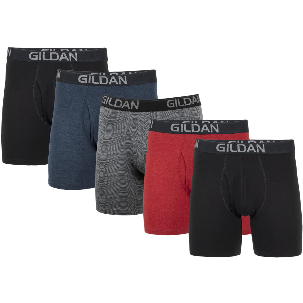 Gildan Men's Underwear Cotton Stretch Boxer Briefs  Multipack  Blk/Heather Navy/Stripe/Heather Red 5-Pack  Medium