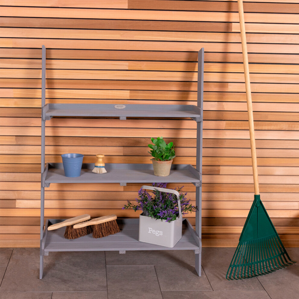 Charles Bentley FSC Wide Wooden Ladder Planter - Grey 3 Shelves Wood Modern Planting Vertical Garden Herbs Flowers