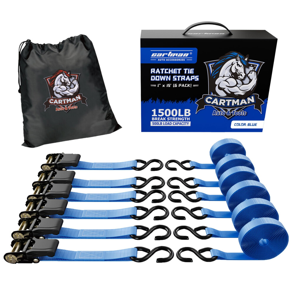 Cartman 1"" X 15' Ratchet Tie Down Up To 1500Lbs 6Pk In Carry Bag Car 6943536306069