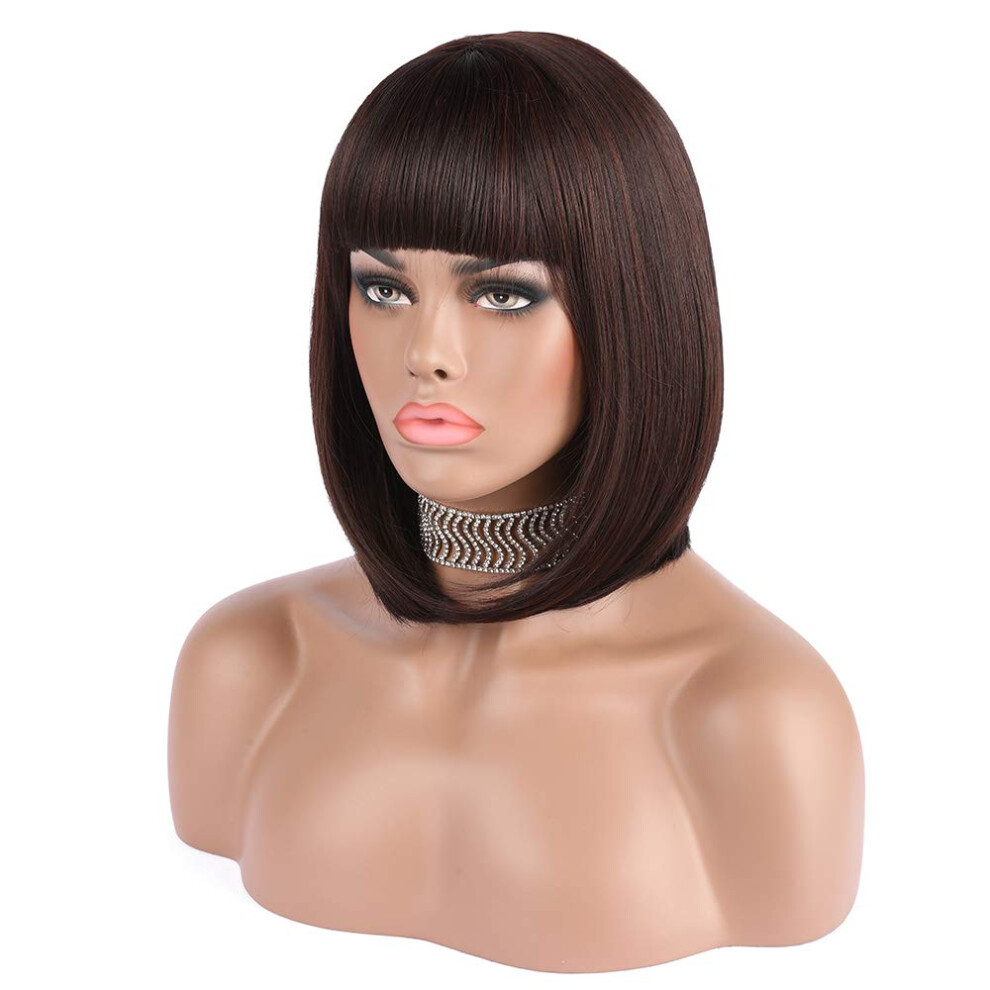 Enilecor Short Brown Bob Wigs 12"" Straight With Flat Bangs Synthetic