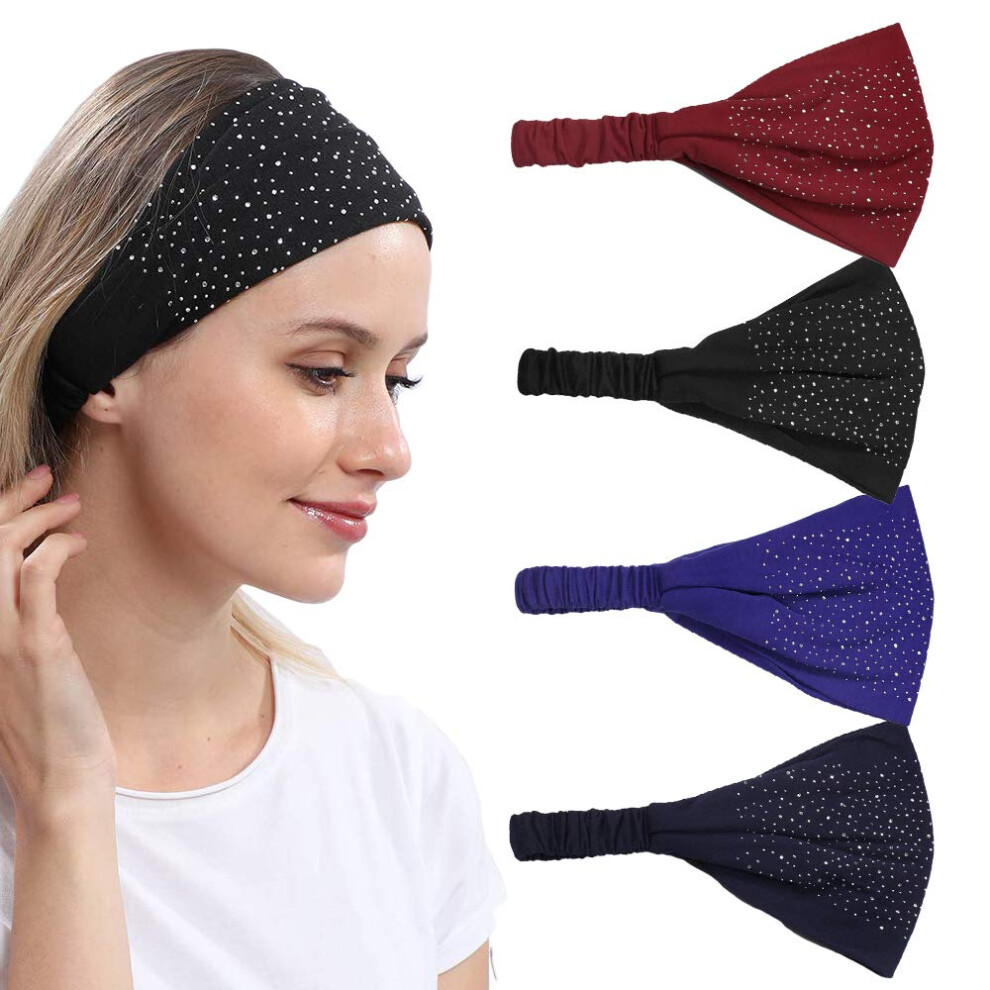 Dinprey Fascia Larga A Bandana Con Strass A Pois, Da Donna, Intrecciata, Con Diamanti, Per Allenamento, Yoga E Trucco (4 Pezzi)-image
