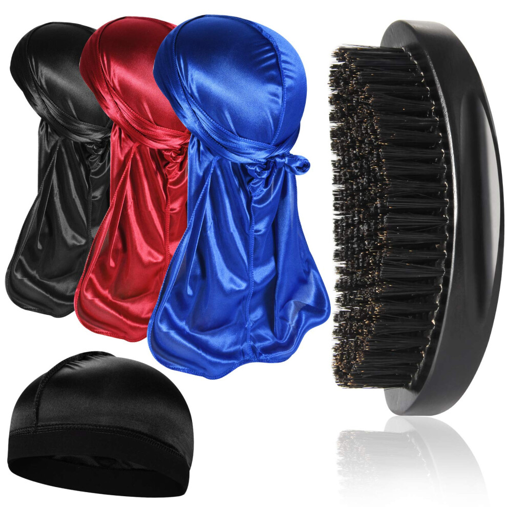 Durag soyeux 3 pièces avec brosse ondulée pour hommes Kits de brosses à cheveux moyennes et dures incurvées à 360  B