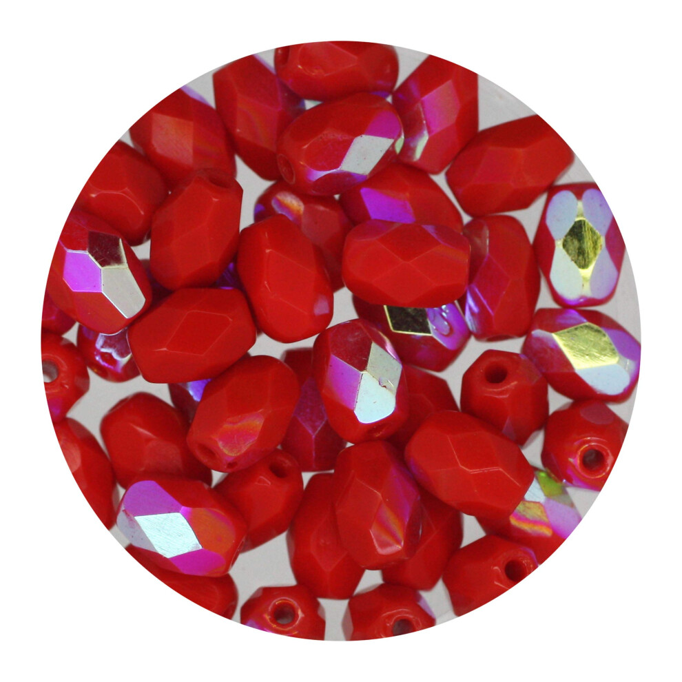 Glazen kralen ovaal rood ondoorzichtig regenboog iris 6mm x 4mm Tsjechisch vuur gepolijst