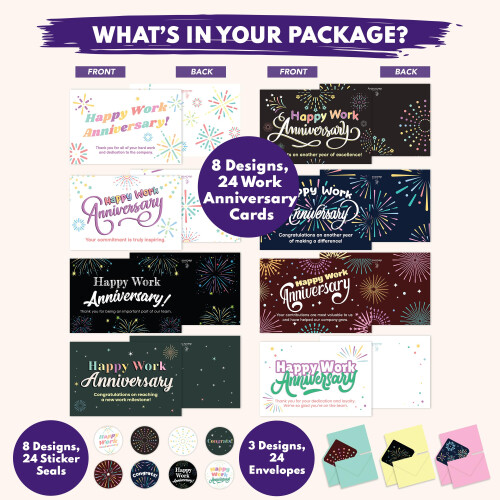 Decorably Work Cards with Envelopes & Stickers - 24 Pack Happy Work An 1