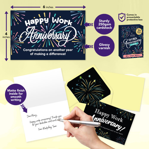 Decorably Work Cards with Envelopes & Stickers - 24 Pack Happy Work An 2