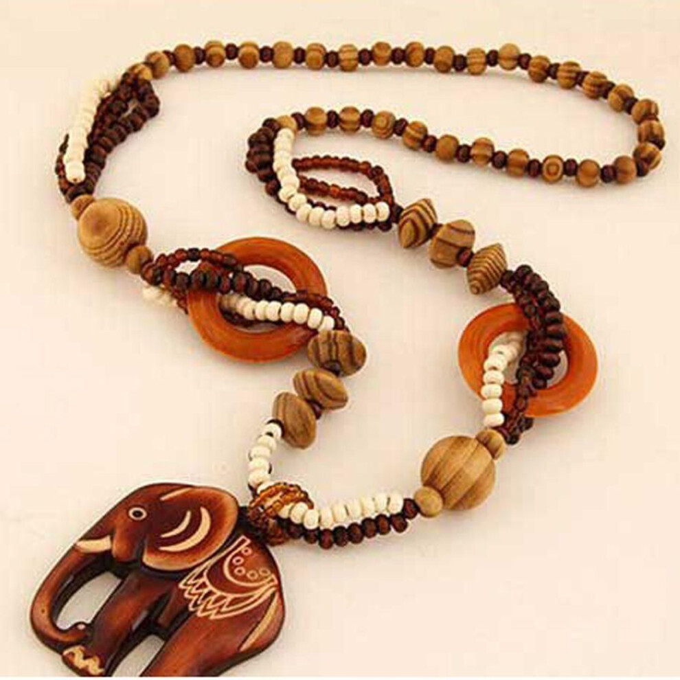 Unique For Women Necklace Wholesale Price Hand Made Bead Wood Elephant Pendant Ethnic Style Long