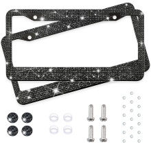 Sort bling nummerplade rammer til kvinder - 2 pakke bedazzled cover clear krystal rustfrit stål girly dronning gnist nummerplade ramme sød diaman