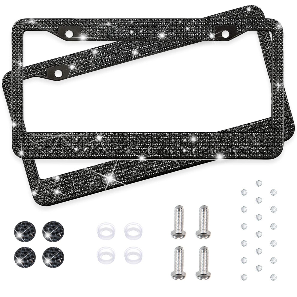 Bling License Plate Frames For Women 2 Pack Bedazzled Cover Clear Crystal Stainless Steel Girly Queen Sparkle License P Black 191869485166
