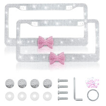 YCDKK 2 Pack Bling Rhinestone nummerplade Rammer til kvinder S?d diamantbillicensramme med bue (hvid/lyser?d) ZGH-0309-1