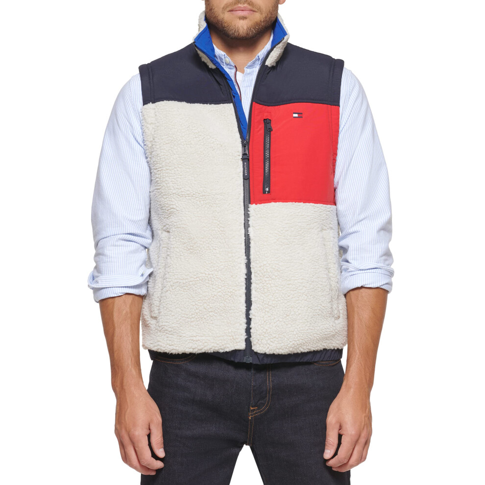 Tommy Hilfiger Men's Contrast Sherpa Stand Collar Vest  Cream  Small