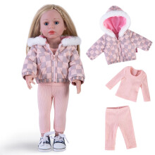 Rakki Dolli Puppenkleidung 3-teiliges Set Pink Graues Karomuster Kapuzenmantel