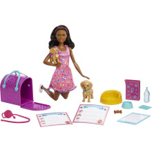 Poupée Barbie Pup Adoption et coffret d'accessoires avec cage de transport à changement de couleur pour 2 animaux et 10 accessoires. Poupée brune