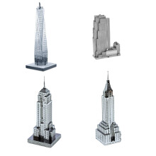 Conjunto de 4 Modelos de constru      o a laser de Metal Earth 3D: 30 Rockefeller Plaza Empire State Building Chrysler Building & One World Trade Cen