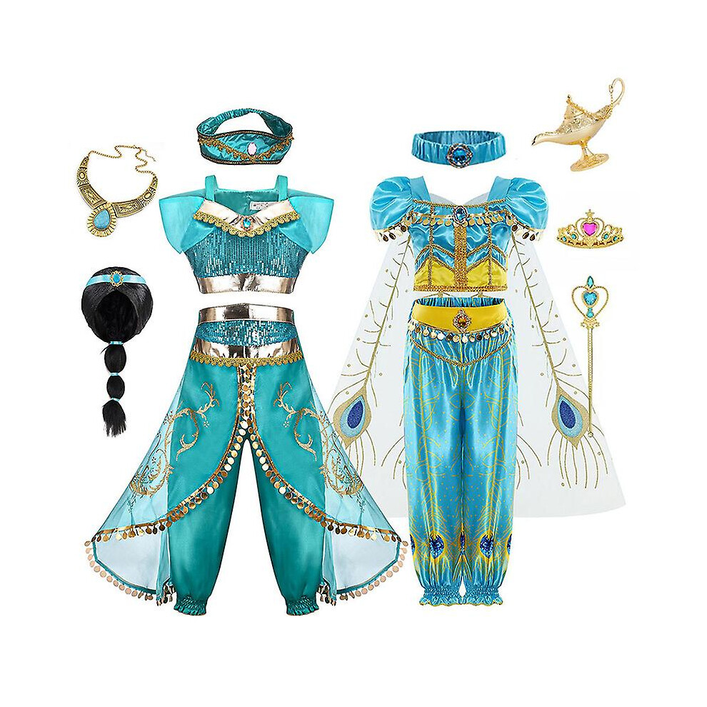 (PML22002-Dress kit01, 130cm) Jasmine Princess Dress Skirt Aladdin Lamp Halloween Cosplay Costume Kids Girls Party Dresses Top Pants