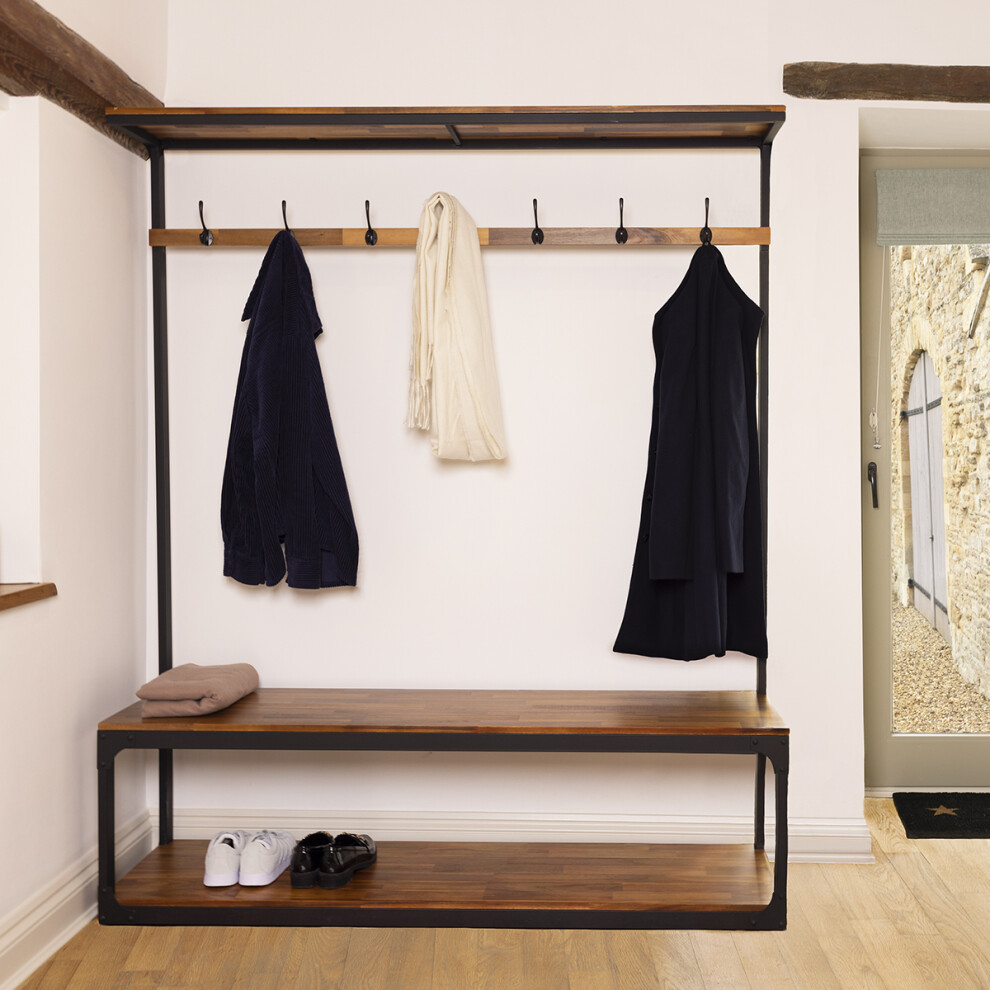 CHARLES BENTLEY Coat Hanger, Coat Rack, Coat Rail, Clothes Rack, Charnwood, Extra Large, Coat Rack with Shoe Tidy, Contemporary, Iron Framed, Acacia