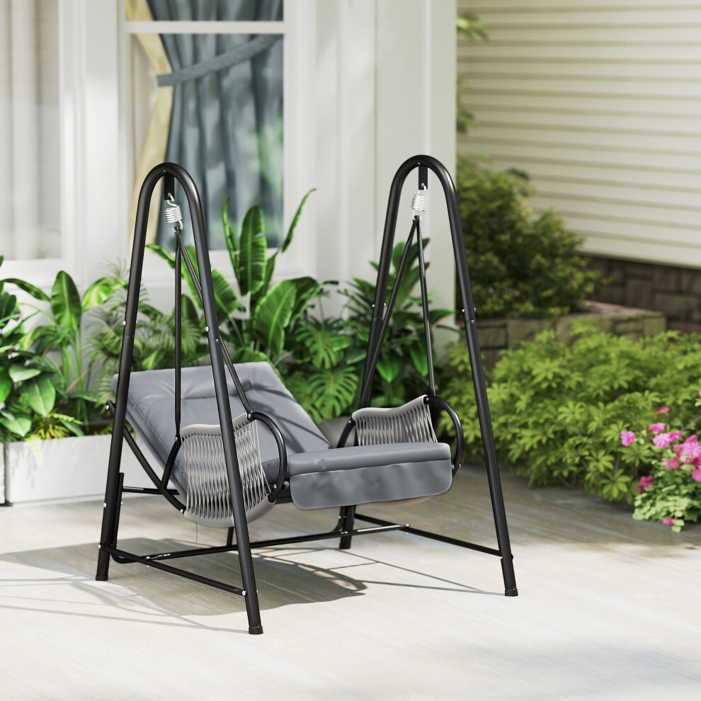Outsunny Rattan Swing Chair with Stand and Seat Cushion, Light Grey